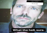 House M.D. What the hell, sure "House M.D.":https://knowyourmeme.com/memes/subcultures/house--2 meme inspired by an "Instagram":https://knowyourmeme.com/memes/sites/instagram Story posted by Jemima Kirk, best known for playing the character Jessa in HBO's "_Girls_":https://knowyourmeme.com/memes/subcultures/girls. The post shows the actor writing, "What the hell, sure" in response to someone asking if she was queer. The screenshot inspired a "catchphrase":https://knowyourmeme.com/memes/cultures/catchphrases "reaction image":https://knowyourmeme.com/memes/reaction-images and "exploitable":https://knowyourmeme.com/memes/exploitables meme after it was first posted in January 2024. Kirk is also known for popularising the phrase "I Think You Guys Might Be Thinking About Yourselves Too Much":https://knowyourmeme.com/memes/i-think-you-guys-might-be-thinking-about-yourselves-too-much.