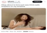 A "meme":https://knowyourmeme.com/memes/memes reacting to the Chris Sails Twitter Video Leak, captioning a "GIF":https://knowyourmeme.com/memes/cultures/gif of the "I'm Processing The Most Triggering Breakup I've Had In Nine Years":https://knowyourmeme.com/memes/im-processing-the-most-triggering-breakup-ive-had-in-nine-years video.