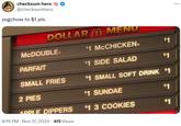 checksum hero @checksumhero zogchow to $1 pls DOLLAR M MENU MCDOUBLE $1 MCCHICKENⓇ $1 PARFAIT $1 SIDE SALAD $1 SMALL FRIES $1 SMALL SOFT DRINK $1 2 PIES $1 SUNDAE $1 ADDIE DIPPERS 8:19 PM • Nov 17, 2024 415 Views $1 3 COOKIES $1