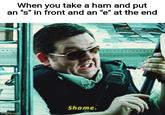 When you take a ham and put an "s" in front and an "e" at the end Shame. imgflip.com