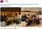 A Twitter post by @boneGPT. In the post, he shares an AI-generated image of a painting that resembles the "Trump, RFK McDonald's photo":https://knowyourmeme.com/memes/donald-trump-elon-musk-don-jr-and-rfk-jr-eating-mcdonalds.