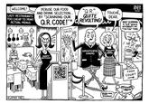 WELCOME! LAZY RESTAURANTS TOO CHEAP TO PRINT ACTUAL MENUS PERUSE OUR FOOD AND DRINK SELECTION... BY "SCANNING OUR "Q.R."... QUITE TOUCHÉ, DEAR. Q.R.CODE!* REVOLTING! D ZZZ HEH HEH HEH SMUG CHEFS WORTH LESS WAITERS LATEST FAD HARPY HOSTESSES الركركر SALE 10 SOPHISTICATED DINERS Ke4y 2023 ONION SYNDICATE BAH! SCANNING A "Q.R." WOULD INTERRUPT MY "TIK TOK" TIME. шаре TRADITIONAL MEAL ORDERERS TODAY'S NO-GOOD TEENS M BEEP! NOSH-INAL DISGRACE. FOOD COURT BOOP!