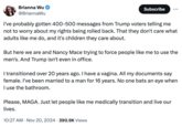 Tweet posted by "Brianna Wu":https://knowyourmeme.com/memes/people/brianna-wu in response to Republican South Carolina representative Nancy Mace. In November 2024, she introduced a resolution that seeks to ban "Capitol":https://knowyourmeme.com/search?q=capitol workers from "accessing bathrooms":https://knowyourmeme.com/memes/events/transgender-bathroom-debate not corresponding to their assigned-at-birth "biological sex." In a series of posts made on "X (formerly Twitter)":https://knowyourmeme.com/memes/sites/twitter-x in late November, Mace confirms that she introduced the measure in part to stop newly elected "transgender":https://knowyourmeme.com/memes/cultures/lgbtq representative from Delaware, Sarah McBride, from accessing women's restrooms in the Capitol building.