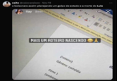 Corresponden A Aa A EVE caito@caiocaraiooo • Nov 19 o bolsonaro assim planejando um golpe de estado e a morte do Lula flay 8min AA Fonte não foi ativado. Para continuar a usar o Word sem interrupção, ative antes MAIS UM ROTEIRO NASCENDO (roteiro) Gênero: comédia Cena 1 (ambient Parágrafo