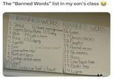 The "Banned Words" list in my son's class BANNED WORDS BANNED WORDS 1. Skibidi 12.Anime words/gestures 16. Goon 2. Sigma, Beta Alpha 13. Diddy 3.Ohio 14. Cold in here 17.Darius noises 4. Rizz 15. Edging 18. Pumpkin 5. Gyat (t) 19 Animal noises 6. Fein 7. Tweaking (Emma Only) -1 Live School point 20. No mames 21. Huzz 8. Thick of it lyrics 9. Cardiac arrest meme 10.Chat 11 All Combos of tuah" 3 "hawk" 23. Broke boy 24. Ligma 22. Low taper fade