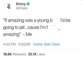 Calm down Drizzy @Drake "If amazing was a young b going to jail...cause I'm f amazing" - Me 4:03 PM 5/30/09 Twitter Web Client . . 18.6K Retweets 25.1K Likes I'd be