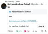 Kendrick Lamar Did Kendrick Drop Today? @DropKe.... 8h No Yes Readers added context thenews.com.pk/latest/1253956... Do you find this helpful? Rate it 280 tl 5.7K 76K ill 2M ☐ 1