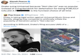 Drake suing Universal because "Not Like Us" was so popular instead of suing Kendrick for defamation Alanah Pearce @Charalanahzard ... Drake suing Universal because "Not Like Us" was so popular instead of suing Kendrick for defamation for being PUBLICLY is the funniest choice of all time CALLED A PË POP CRAVE Pop Crave @PopCrave 17h Drake is taking legal action against Universal Music Group and Spotify, alleging they conspired to artificially inflate the popularity of Kendrick Lamar's "Not Like Us." According to Billboard, Drake's filing accuses UMG of a ... Show more Park Ln Cir 9:51 PM Nov 25, 2024 1.6M Views იიიი 30