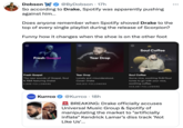 Does anyone remember when Spotify shoved Drake to the top of every single playlist during the release of Scorpion? Dobson @ByDobson 17h So according to Drake, Spotify was apparently pushing against him... Does anyone remember when Spotify shoved Drake to the top of every single playlist during the release of Scorpion? Funny how it changes when the shoe is on the other foot Soul Coffee Fresh Gospel Tear Drop Fresh Gospel The new sounds of Gospel, Soul & R&B featuring Drake! 2,896 FOLLOWERS Tear Drop Lonely and misunderstood. Cover: Drake 255,812 FOLLOWERS Soul Coffee Some nice, soothing RnB/Soul tunes to go with your nice, soothing coffee. 403,561 FOLLOWERS Kurrco @Kurrco 18h BREAKING: Drake officially accuses Universal Music Group & Spotify of manipulating the market to "artificially inflate" Kendrick Lamar's diss track 'Not Like Us'... ...