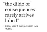 - "the dildo of consequences rarely arrives lubed" - twitter user @ auntyamerican (via krusca)