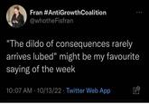 Fran #AntiGrowth Coalition @whotheFisfran "The dildo of consequences rarely arrives lubed" might be my favourite saying of the week 10:07 AM - 10/13/22 Twitter Web App . O