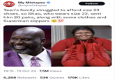 MM My Mixtapez ✪ @mymixtapez Follow Teen's family struggled to afford size 23 shoes, so Shaq, who wears size 22, sent him 20 pairs, along with some clothes and Superman slippers 700 19:15 15 Oct 24 7.5M Views 6,288 Retweets 536 Quotes 176K Likes