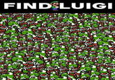 A meme asking players to "Find Luigi." The image consists of many Yoshi sprites with one Luigi sprite hidden in the image.