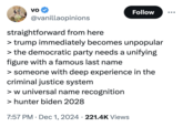 A "Hunter Biden":https://knowyourmeme.com/memes/people/hunter-biden meme about his 2024 pardon that humorously hypothesizes that him being pardoned is the start of an elaborate plan to run a Hunter Biden 2028 campaign.