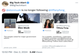 Big Tech Alert @BigTechAlert @elonmusk is no longer following @tiffanyfong_ building last week, a law- o specializes in working pto investors handed out ess card emblazoned with "DeFi Defense Lawyer," a ce to an experimental type to kn And ecut rgon r "fe - ... doesn't make mu sense, but I'm vei heavily invested i the case." e." TIFFANY FONG, a crypt influencer who befriende FTX founder after he was arrested. @elonmusk Elon Musk Premium 854 Following 206.6M Followers The people voted for major government reform Joined: June, 2009 12:52 PM Dec 2, 2024 3.4M Views Premium @TiffanyFong_ Tiffany Fong 1.6K Following 289.2K Followers i'm a potato. sometimes, i interview criminals youtube.com/@tiffanyfong ig: tiffanyfong my retarded account: @ tiffanyxfong i follow back subscribers Location: tiffanyxfong@gmail.com Joined: June, 2011