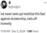 rku 귤 @gyusgyul ive never seen ppl mobilize this fast against dictatorship, hats off honestly • 11:16 AM Dec 3, 2024 1.1M Views •