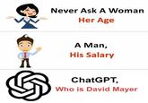 never ask chatgpt who is david mayer A "never ask a woman":https://knowyourmeme.com/memes/all-three-are-going-to-lie-to-you-never-ask-a-woman-her-age meme about never asking ChatGPT who David Mayer is. This is a reference to the program being unable to say the name due to a glitch.