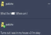 # pukicho What the h!! Where am I pukicho Turns out i was in my house <3 I'm okay