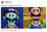 November 9th, 2024 tweet by @Swag_K1RBY Tweet depicting "Maltigi," an altered version of Luigi from the video game franchise "_Super Mario_":https://knowyourmeme.com/memes/subcultures/super-mario. The image shows Luigi covered in blood splatter, his teeth sharpened and his eyes like pinpricks.