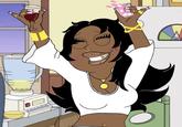 A meme depicting Francine Smith from "American Dad":https://knowyourmeme.com/memes/subcultures/american-dad as a Black woman with glossy lips and a crop top holding two shot glasses over her head.