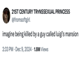 21ST CENTURY T---------- PRINCESS @fromsoftgirl imagine being killed by a guy called luigi's mansion 2:33 PM Dec 9, 2024 1.8M Views