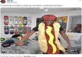 A tweet showing a man in a hotdog costume dancing. The tweet text reads, “cooking with Kya, cooking with Kya, cooking with Kya.“
