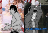 Drawing of shirtless Pete Wentz on the floor of a mall surrounded by Christmas decorations, saying “Please, it’s Christmas!” The next image shows Patrick Stump looking angry, about to swing a comically large candy cane down on Pete, saying “It’s December 10th!”