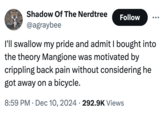 A tweet that's skeptical about "Luigi Mangione's":https://knowyourmeme.com/memes/people/luigi-mangione-suspected-unitedhealthcare-ceo-shooter back pain considering that he allegedly escaped the scene of the crime on an e-bike.
