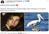 shutterstock erstock ;; mezhyp serj tankian. )) ✡☑ @shavoserj BREAKING NEWS: System Of A Down's lead singer, Serj Tankian, has been eaten by a pelican shutter shutterstock shutterstock . 2:26 AM Dec 9, 2024 33.6K Views ...