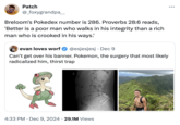A tweet about the Luigi Mangione "286 Conspiracy Theory" which was sparked by the "Pokémon":https://knowyourmeme.com/memes/subcultures/pokemon "Breloom":https://knowyourmeme.com/memes/breloom being featured in Mangione's "Twitter / X":https://knowyourmeme.com/memes/sites/twitter-x banner. Breloom is Pokémon #286. The number 286 is important for other reasons related to the "UHC CEO's assassination":https://knowyourmeme.com/memes/events/assassination-of-unitedhealthcare-ceo-brian-thompson, like Proverbs 28:6 in the Bible and the 286 being the denial code used in healthcare in the US.
