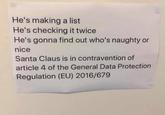 He's making a list He's checking it twice He's gonna find out who's naughty or nice Santa Claus is in contravention of article 4 of the General Data Protection Regulation (EU) 2016/679
