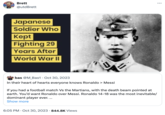 "Japanese Solider Who Kept Fighting 29 Years After WWII" is a "catchphrase":https://knowyourmeme.com/memes/cultures/catchphrases used to joke about someone overstaying their welcome or moving past their prime. The meme refers to Lieutenant Hiroo Onoda, a Japanese solider who refused to leave his post on an island in the Philippines until he was given a direct order from his commanding officer. This is a reference the meme in a tweet from 2024.