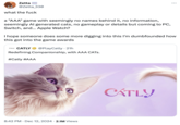 December 12th, 2024 tweet by @Zetta_330 Tweet criticizing CATLY, an upcoming multiplayer game created by SuperAuthenti, headed by Kevin Yeung. The game was announced at the 2024 "Game Awards":https://knowyourmeme.com/memes/events/the-game-awards, promoted as a "AAA" game and slated for release on PC, Nintendo Switch and Apple Watch. The game incited controversy online in December 2024 for it's AI-generated artwork, and for displaying a lack of transparency about the creators, studio and developers backing the project.