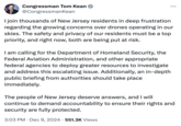 New Jersey Congressman Tom Kean's statement on the drone sightings in late 2024. Congressman Kean wrote, "I join thousands of New Jersey residents in deep frustration regarding the growing concerns over drones operating in our skies. The safety and privacy of our residents must be a top priority, and right now, both are being put at risk."