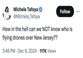 A tweet about the alleged drone activity over New Jersey in 2024.