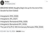 Nathan @TheNathanNS BREAKING NEWS: Naughty Dog's line up for the rest of the decade has been leaked: Intergalactic (PS5, 2026) Intergalactic (PC, 2027) Intergalactic Remastered (PS6, 2029) Intergalactic Remastered (PC, 2030) The Last of Us Pt 2: 10th Anniversary Remaster (PS6, 2030) 9:23 AM Dec 13, 2024 549.9K Views • ...