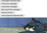 I bought minecraft Found a village Loot the village Burned the village Went home And played Minecraft hol up
