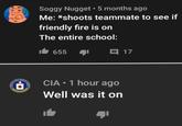 Just wondering Soggy Nugget 5 months ago Me: *shoots teammate to see if friendly fire is on The entire school: 655 日 17 CIA 1 hour ago Well was it on