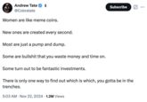 Andrew Tate tweet that says most cryptocurrecnies are "pump and dumps," a phrase used to describe a type of investment fraud where stock owners artificially inflate the price of a stock (pump) and then sell their cheaply purchased and overvalued shares (dump), causing the overall price to fall for remaining investors. 