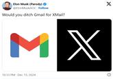 Elon Musk (Parody) ✪ @Elon MuskAOC. Follow Would you ditch Gmail for XMail? X MX 10:33 PM Dec 15, 2024