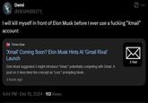 Demi @DESPAIRIITY I will kill myself in front of Elon Musk before I ever use a f------ "Xmail" account TN Times Now 'Xmail' Coming Soon? Elon Musk Hints At 'Gmail Rival' Launch Elon Musk suggested X might introduce "Xmail," potentially competing with Gmail. A post on X described the concept as "cool," prompting Musk.... 4 hours ago 4:44 PM · Dec 15, 2024 113 Views X Mail