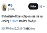 A viral tweet about the Cooking With Kya Video Leak, allegedly showing "TikToker":https://knowyourmeme.com/memes/sites/tiktok "Cooking With Kya":https://knowyourmeme.com/memes/people/cooking-with-kya-cookinwitkya, aka Cookingwitkya, in bed. However, many believed that the woman in the video was not Kya.