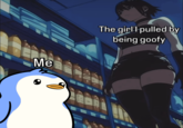 Just a guy A "meme":https://knowyourmeme.com/memes/memes that "object labels":https://knowyourmeme.com/memes/object-labeling, "The Girl I Pulled By Being Goofy," on the image of a penguin and a "goth":https://knowyourmeme.com/memes/cultures/goth girl in a grocery store aisle.