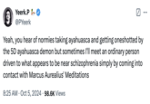 An October 5th 2024 tweet that utilizes a turn of phrase popularised by "X / Twitter":https://knowyourmeme.com/memes/sites/twitter-x user @LandsharkRides. The original tweet remarks about how powerful of drug ayahuasca seems in comparison to the "turbonormies" who take it to cure, for instance, their "internalized racism," only to have their minds rearranged and  "oneshotted" by a 6D Mesoamerican demon. 
