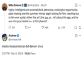 A December 9th, 2024 tweet that utilizes a turn of phrase popularised by "X / Twitter":https://knowyourmeme.com/memes/sites/twitter-x user @LandsharkRides. The original tweet remarks about how powerful of drug ayahuasca seems in comparison to the "turbonormies" who take it to cure, for instance, their "internalized racism," only to have their minds rearranged and  "oneshotted" by a 6D Mesoamerican demon. 
