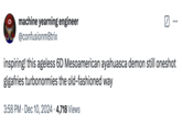 A December 10th, 2024 tweet that utilizes a turn of phrase popularised by "X / Twitter":https://knowyourmeme.com/memes/sites/twitter-x user @LandsharkRides. The original tweet remarks about how powerful of drug ayahuasca seems in comparison to the "turbonormies" who take it to cure, for instance, their "internalized racism," only to have their minds rearranged and  "oneshotted" by a 6D Mesoamerican demon. 
