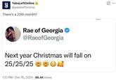 y YabaLeftOnline @yabaleftonline There's a 25th month? Rae of Georgia @RaeofGeorgia Next year Christmas will fall on 25/25/25 1:13 PM - Dec 16, 2024 86.4K Views ☑