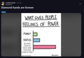 r/wallstreetbets • 1 yr. ago Sevomira4 Diamond hands are forever Meme WHAT GIVES PEOPLE FEELINGS OF POWER MONEY STATUS BUYING COIN AT $250 AND HODLING EVEN AT $39 made with mematic @iamnotanartist.