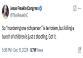 A "tweet":https://knowyourmeme.com/memes/sites/twitter-x expressing outrage over "Luigi Mangione":https://knowyourmeme.com/memes/people/luigi-mangione-suspected-unitedhealthcare-ceo-shooter being charged with an "act of terrorism" for the "Assassination of UnitedHealthcare CEO Brian Thompson":https://knowyourmeme.com/memes/events/assassination-of-unitedhealthcare-ceo-brian-thompson, comparing the ruling to the charges commonly given to school shooters.