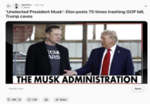 ← r/politics 1 day ago T_Shurt 'Unelected President Musk': Elon posts 70 times trashing GOP bill, Trump caves CCU ARS THE MUSK ADMINISTRATION msnbc.com Open 20K 1.4K ✰ Share ...